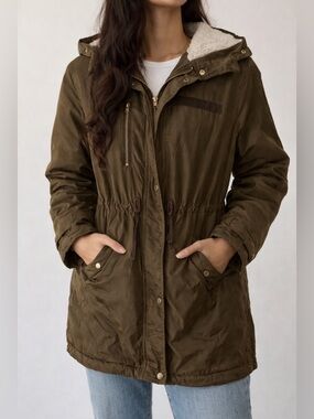 Forever 21 Olive Utility Jacket Sherpa Lined Hooded Parka Coat L